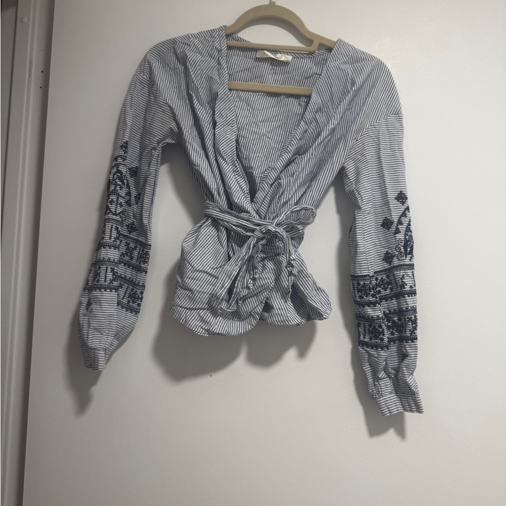 Striped Wrap Top with Embroidered Sleeves